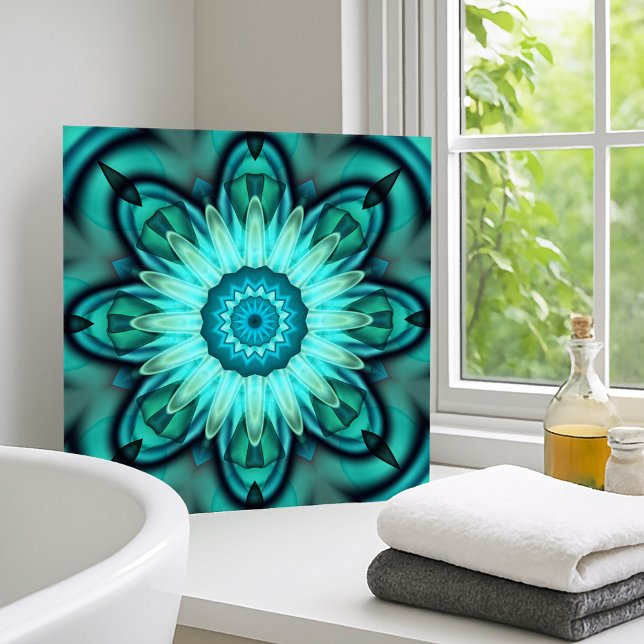 Blommigt Star Geometric Turcos Teal Tile Kakelplatta (Ceramic bathroom tile with an original abstract fractal design in turquoise blue, green and teal)