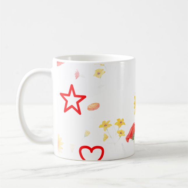 Blommigt Star & Heart Mugg - Bright Solros & Red (Vänster)