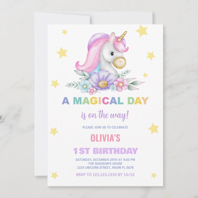 Blommigt Stars Unicorns Birthday-inbjudningar Inbjudningar (Framsida)