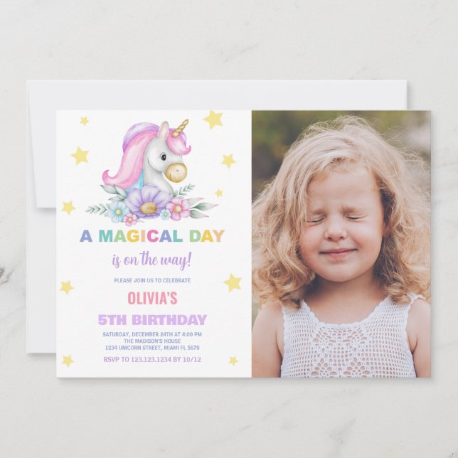 Blommigt Stars Unicorns-foto från födelsedagsinbju Inbjudningar (Framsida)