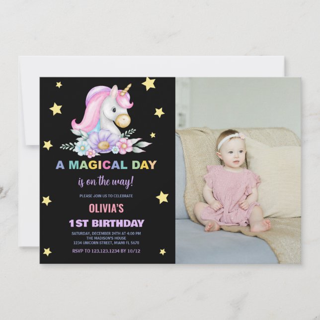 Blommigt Stars Unicorns-foto från födelsedagsinbju Inbjudningar (Framsida)