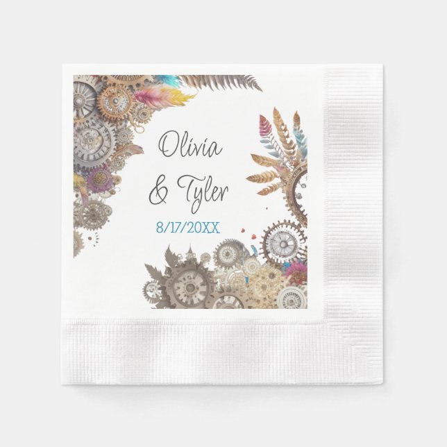 Blommigt Steampunk Bröllop Datum och Namn Pappersservett (Framsidan)