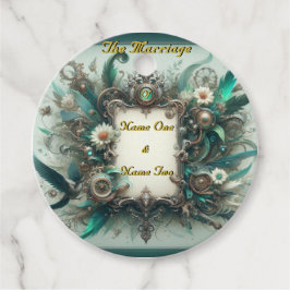 Blommigt Steampunk Bröllop Grönt och Silver Gåvor Etiketter