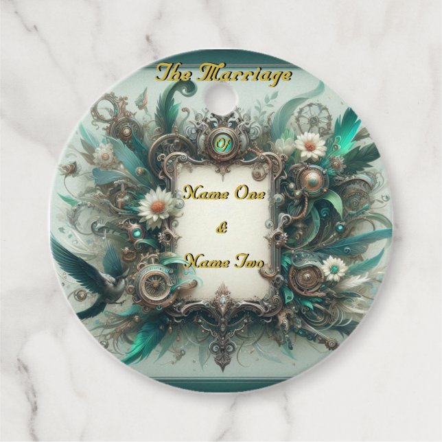 Blommigt Steampunk Bröllop Grönt och Silver Gåvor Etiketter (Framsida)