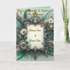 Blommigt Steampunk Bröllop Grönt och Silver Inbjudan