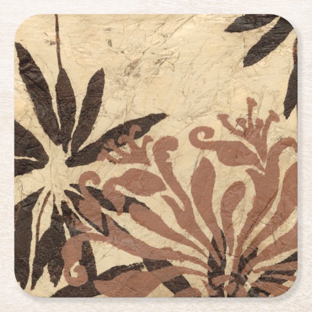 Blommigt Stencil-design med Tawny Löv Underlägg Papper Kvadrat (Framsidan)