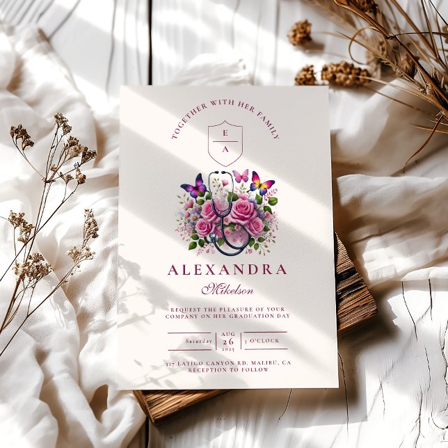 Blommigt Stethoscope Butterfly Nurse Studenten Inbjudningar (Skapare uppladdad)