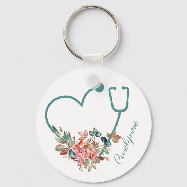 Blommigt Stethoscope Heart Caregiver Nurse Doktor Nyckelring (Framsida)