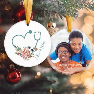 Blommigt Stethoscope Heart Caregiver Tack Photo Julgransprydnad Keramik