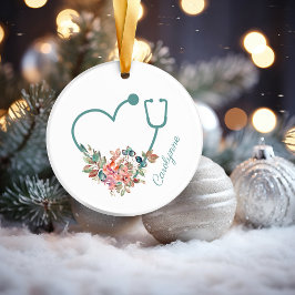 Blommigt Stethoscope Heart Medical Nurse Caregiver Julgransprydnad Keramik