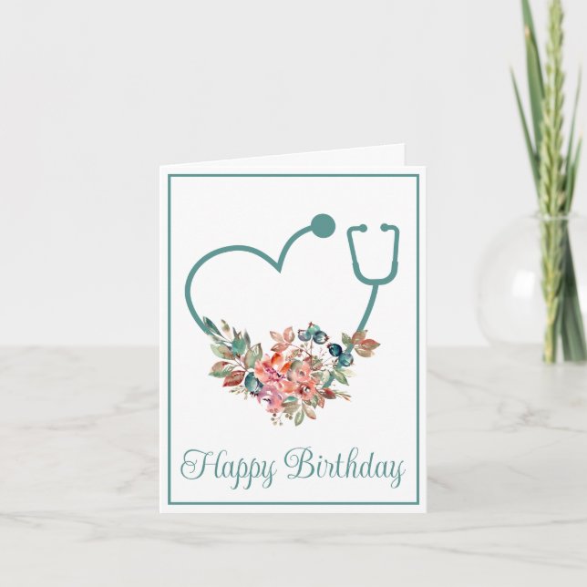 Blommigt Stethoscope Heart Nurse Doktor Birthday Kort (Framsida)