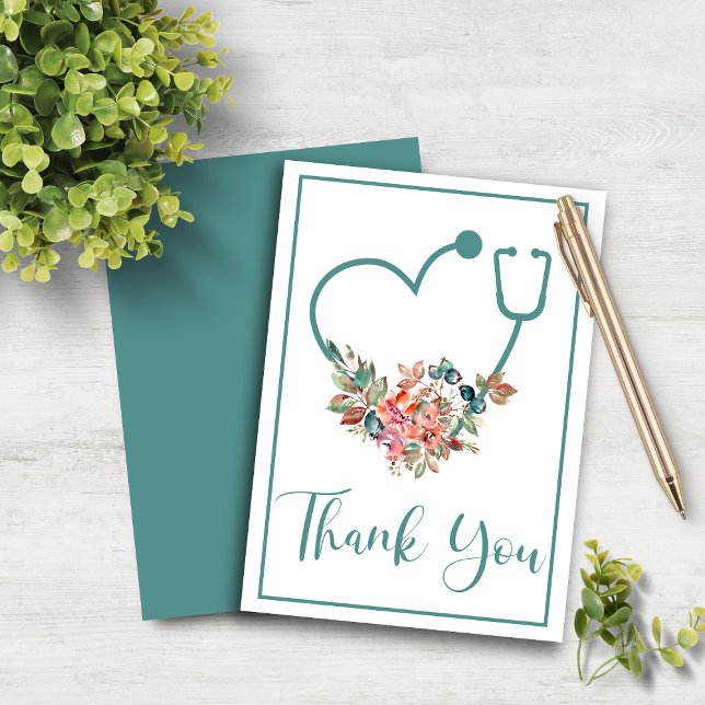 Blommigt Stetoscope Heart Tack Kort (Teal Floral Stethoscope Heart Thank You Card)