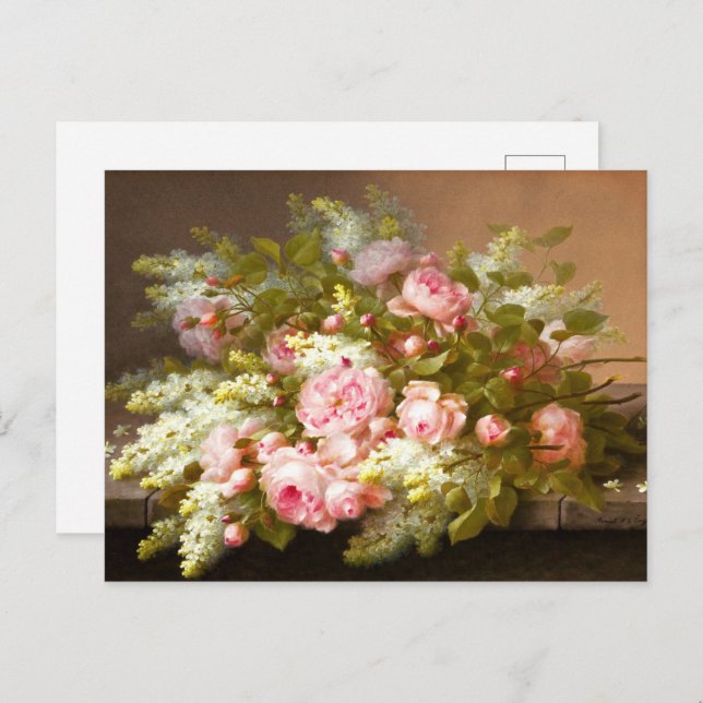 Blommigt still Life, Raoul M. De Longpré Vykort (Fram/baksida)
