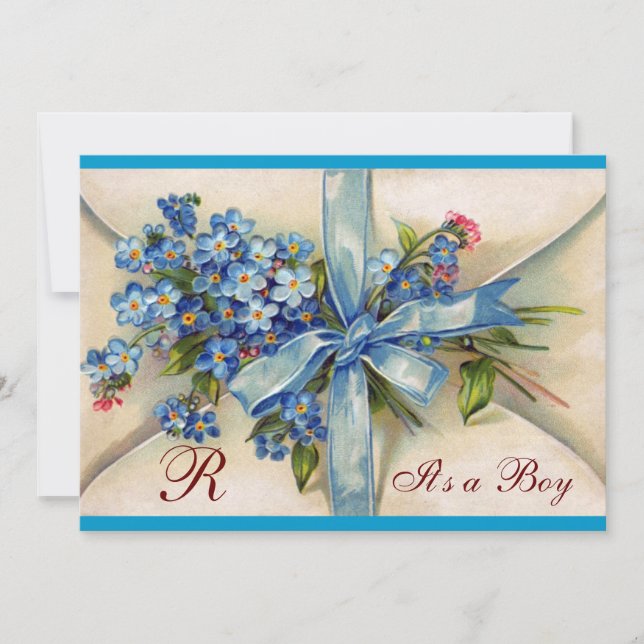 BLOMMIGT STORK BABY SHOWER BLUE BOW FLOWERS MONOGR INBJUDNINGAR (Framsida)