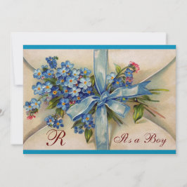 BLOMMIGT STORK BABY SHOWER BLUE BOW FLOWERS MONOGR INBJUDNINGAR