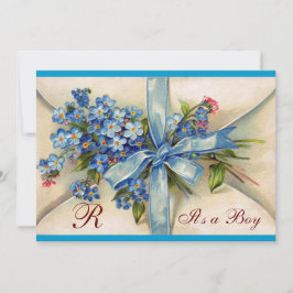 BLOMMIGT STORK BABY SHOWER BLUE BOW FLOWERS MONOGR INBJUDNINGAR