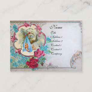BLOMMIGT STORK BABY SHOWER MED RO MONOGRAM VISITKORT