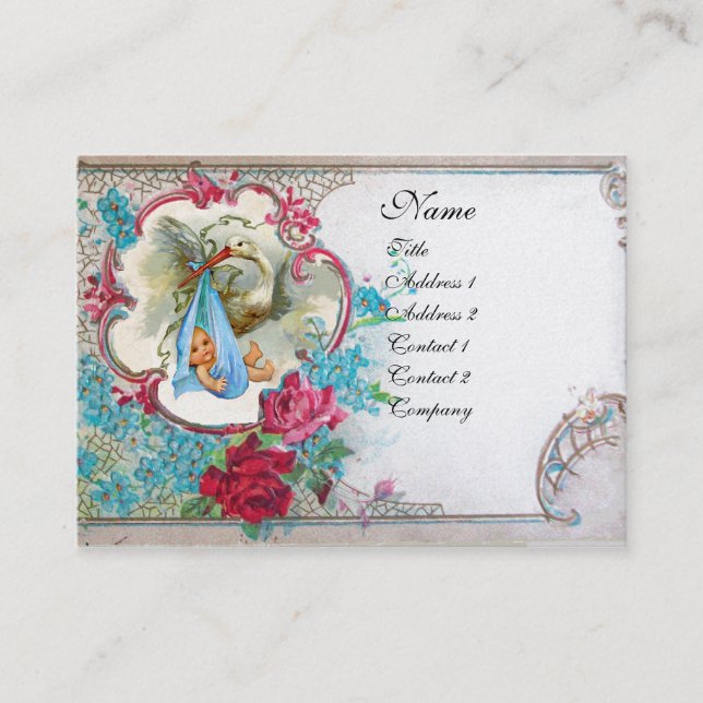 BLOMMIGT STORK BABY SHOWER MED RO MONOGRAM VISITKORT (Framsida)