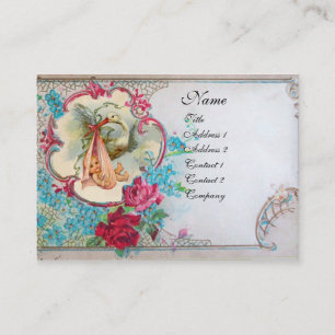 BLOMMIGT STORK BABY SHOWER MED RO MONOGRAM VISITKORT