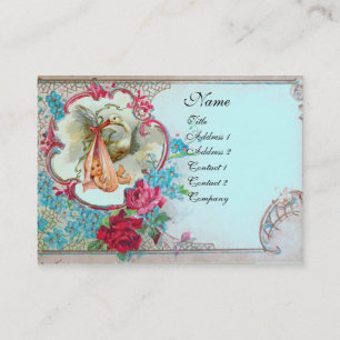 BLOMMIGT STORK BABY SHOWER MED RO MONOGRAM VISITKORT