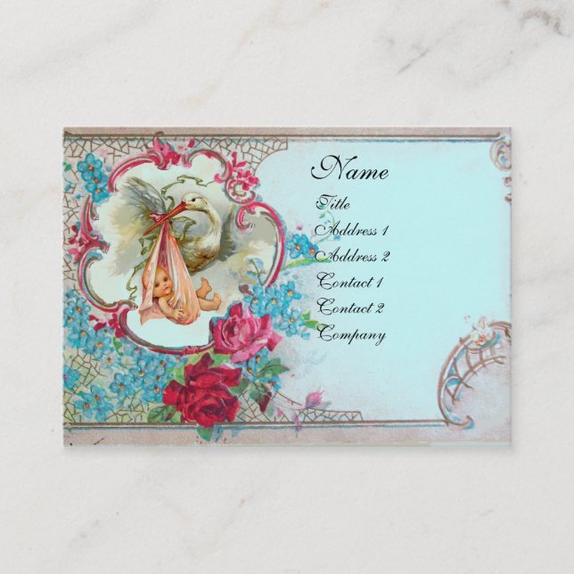 BLOMMIGT STORK BABY SHOWER MED RO MONOGRAM VISITKORT (Framsida)