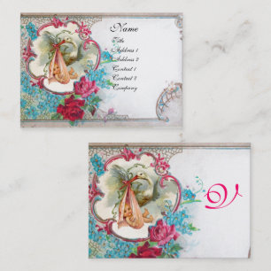 BLOMMIGT STORK BABY SHOWER MED RO MONOGRAM VISITKORT