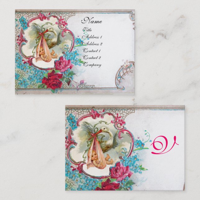 BLOMMIGT STORK BABY SHOWER MED RO MONOGRAM VISITKORT (Fram/baksida)