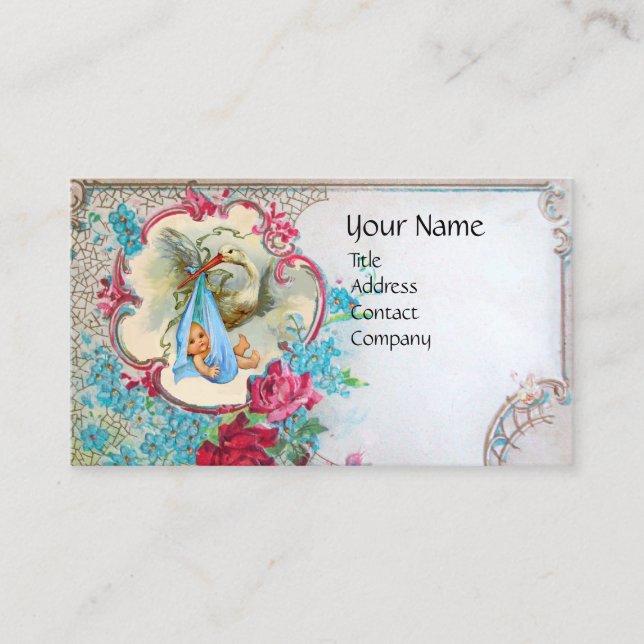BLOMMIGT STORK BABY SHOWER MED RO MONOGRAM VISITKORT (Framsida)
