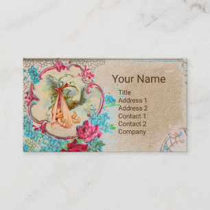 BLOMMIGT STORK BABY SHOWER ROSA ROS MONOGRAM Kraft Visitkort