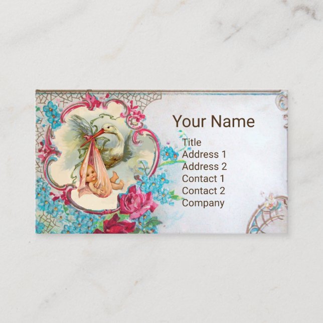 BLOMMIGT STORK BABY SHOWER ROSA ROS MONOGRAM VISITKORT (Framsida)
