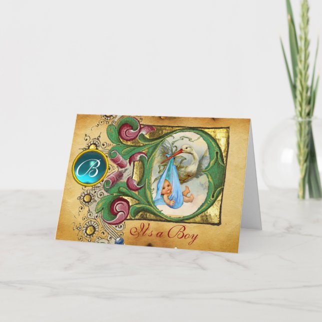 BLOMMIGT STORK BOY BABY SHOWER BLUE GEM MONOGRAM INBJUDAN (Framsida)