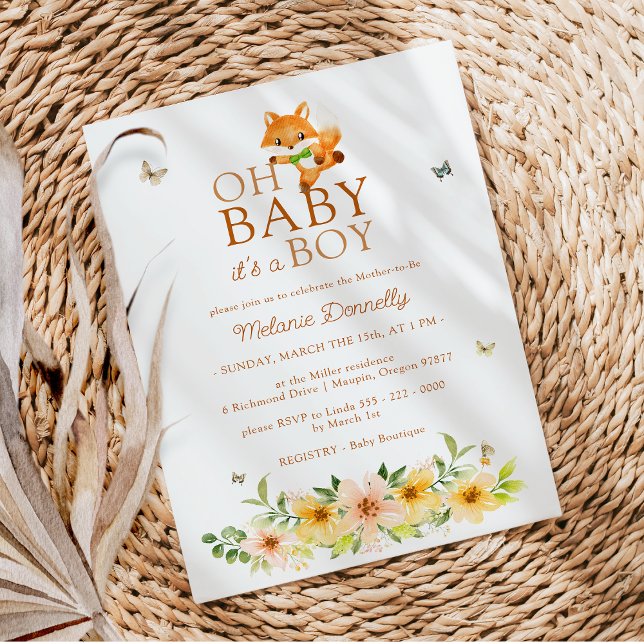 Blommigt Storybook Fox Oh Pojke Shower Inbjudningar (Skapare uppladdad)