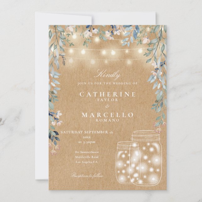 Blommigt String Light Mason Burk Rustic Kraft Bröl Inbjudningar (Framsida)