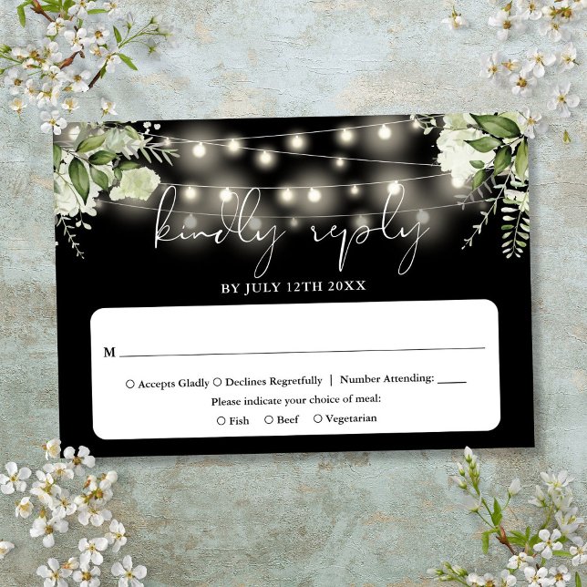 Blommigt String Ljus Black and White Bröllop OSA Kort (Floral String Lights Black And White Wedding RSVP Card)
