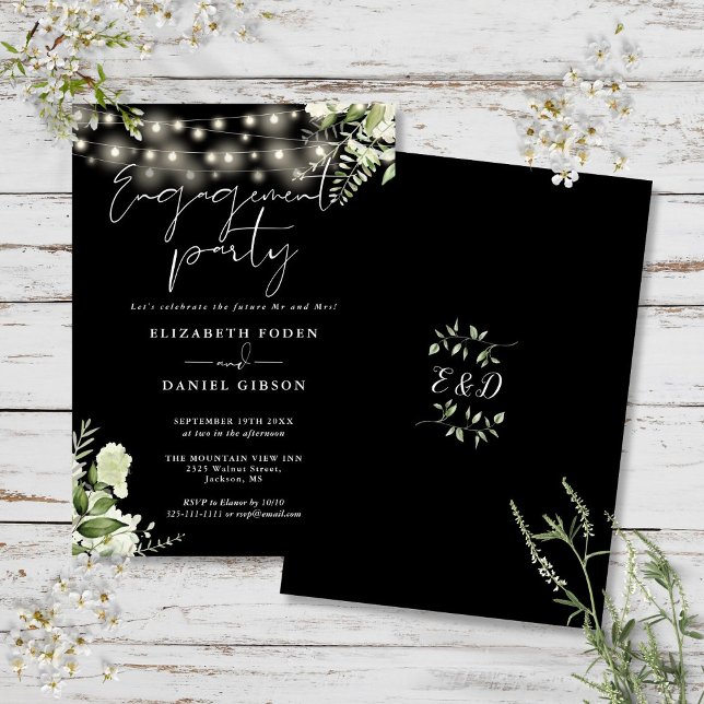 Blommigt String Ljus Black White-Förlovningsfest Inbjudningar (Floral String Lights Black White Engagement Party Invitation)