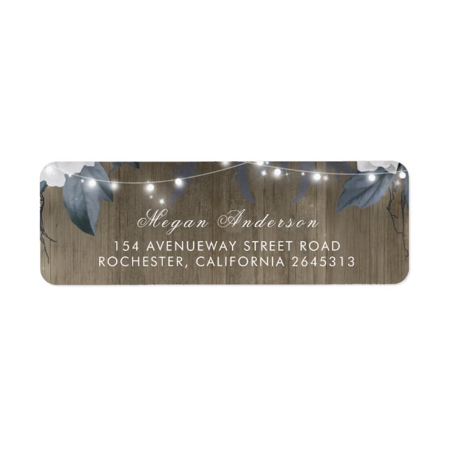 Blommigt String Ljus Rustic Wood Barn Bröllop Returadress Etikett (Framsidan)