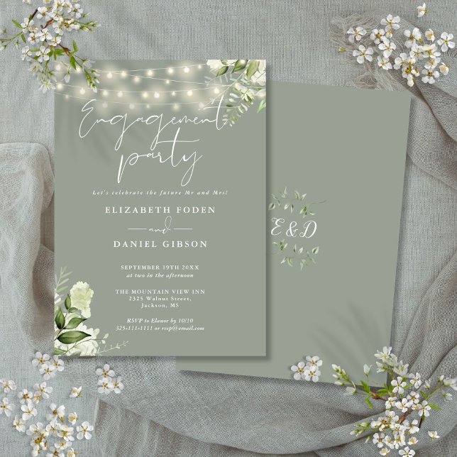 Blommigt String Ljus Sage Grönt Förlovningsfest  Inbjudningar (Floral String Lights Sage Green Engagement Party Invitation)