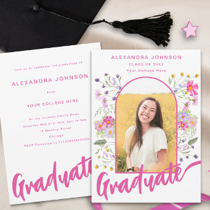 Blommigt Student Photo Rosa Script Studentfest Inbjudningar