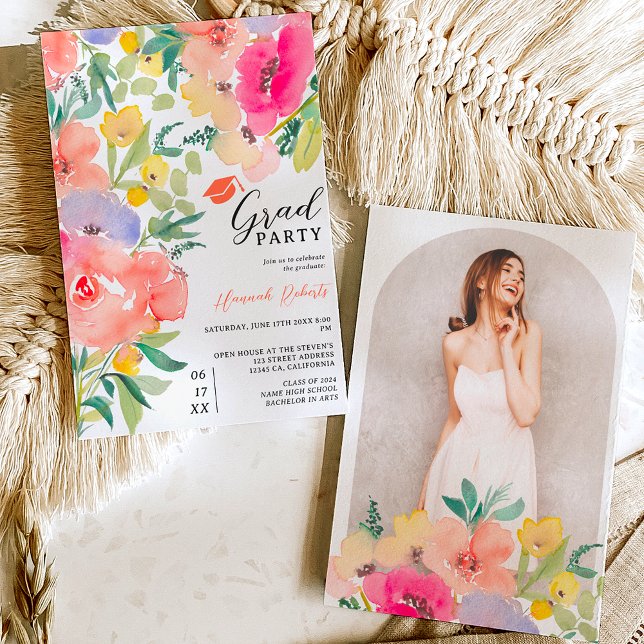 Blommigt studenten inbjudningar (Bright bold boho garden floral graduation invitation)