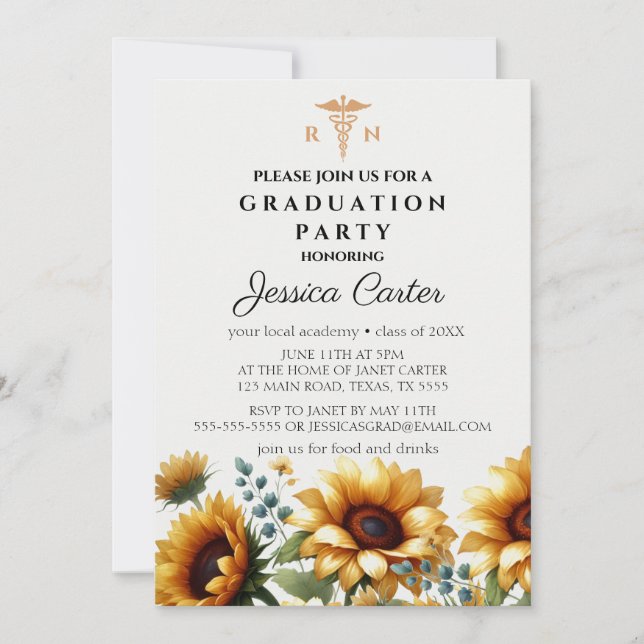 Blommigt Studenten Nurse Solblommor Typografi Inbjudningar (Framsida)