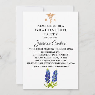 Blommigt Studenten Nurse Typography Bluebonnets Inbjudningar