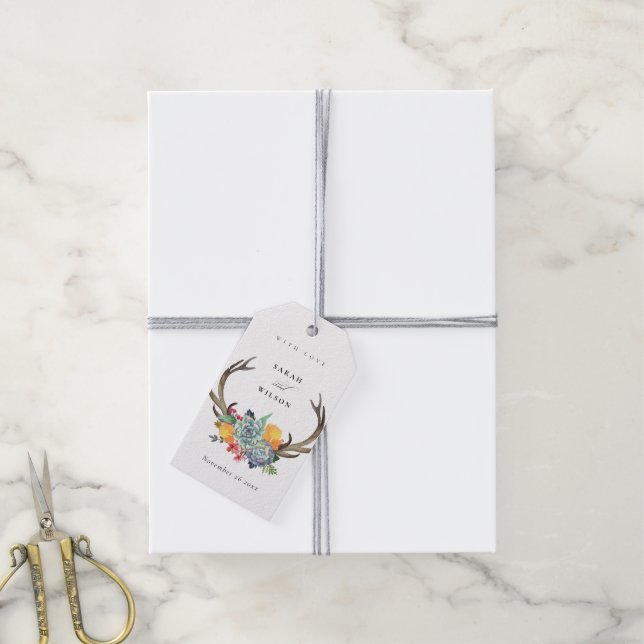 BLOMMIGT SUCCULENT ANTLER BOHEMIAN ALLURE MONOGRAM PRESENTETIKETT (Med Snöre)