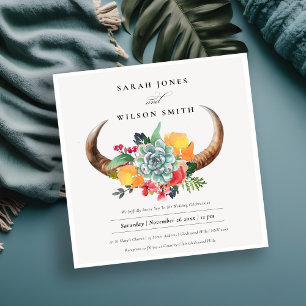 Blommigt Succulent Steer Horns Boho Allure Bröllop Inbjudningar