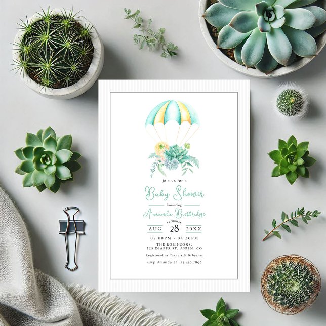 Blommigt Succulents Bouquet Fallskärm Baby Shower Inbjudningar (Floral Succulents Bouquet Parachute Baby Shower Invitation)