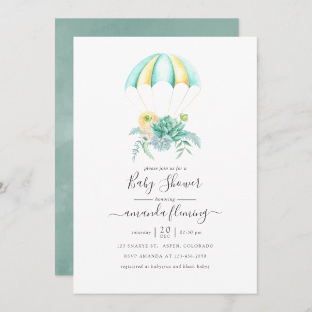 Blommigt Succulents Bouquet Fallskärm Baby Shower Inbjudningar (Fram/baksida)