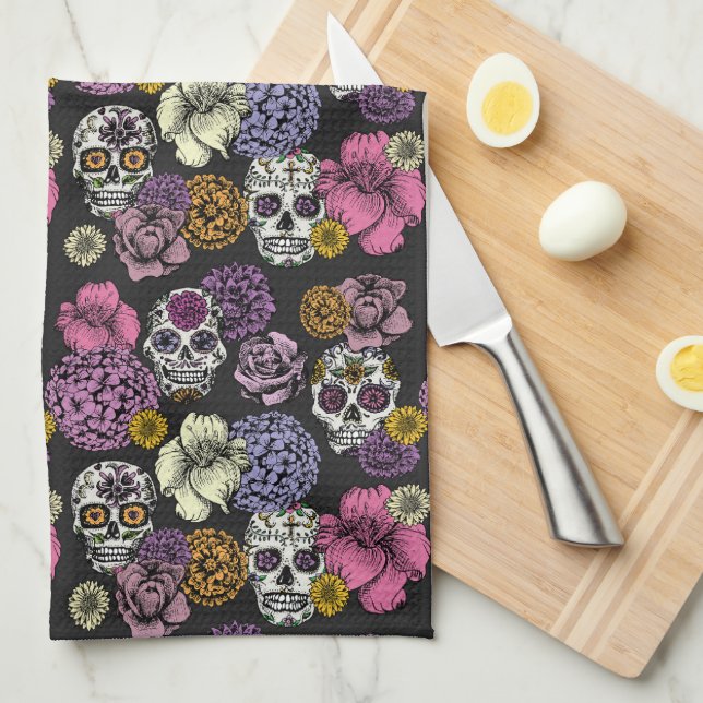 Blommigt Sugar Döskallars Dia de los Muertos Kökshandduk (Vikt i Fjärdedel)