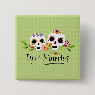Blommigt Sugar Döskallars Dia de Muertos   Knapp