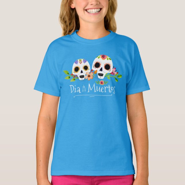 Blommigt Sugar Döskallars Dia de Muertos | Sleeve  T Shirt (Framsida)