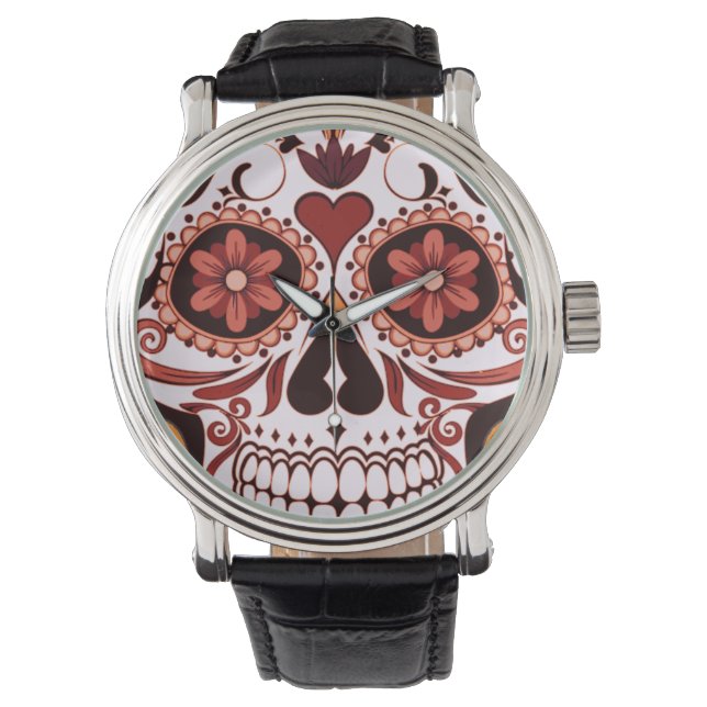 Blommigt Sugar Skull Day of the dead Art Armbandsur (Framsida)