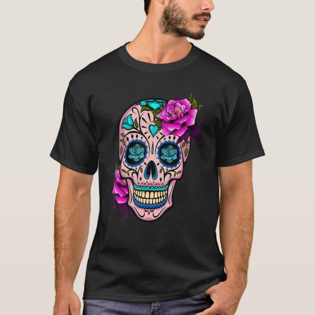 Blommigt Sugar Skull Day of the dead Coola Dia De  T Shirt (Framsida)